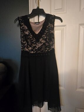 VENUS Black Lace V-Neck Midi Dress with Nude Lining